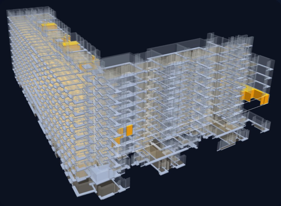 3D BIM-модель здания, собранная MEXUM из PDF-чертежей: красные метки — расхождения, зелёный контур — сверенный этаж, оранжевые блоки — элементы на проверку